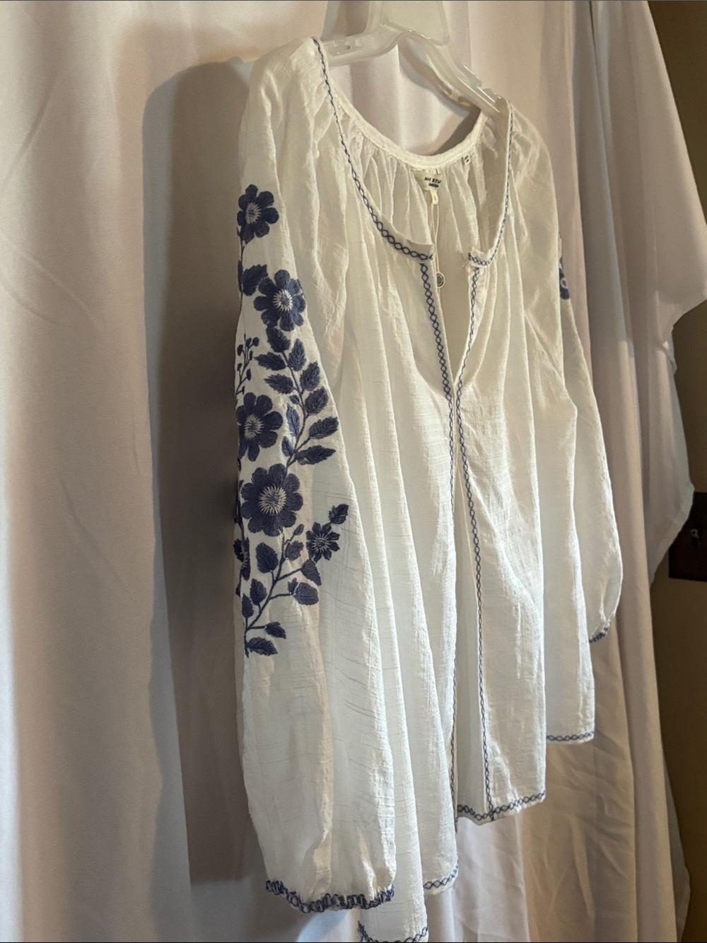 Max Studio White Peasant Blouse with Blue Floral Sleeve Embroidery - Picture 6 of 13
